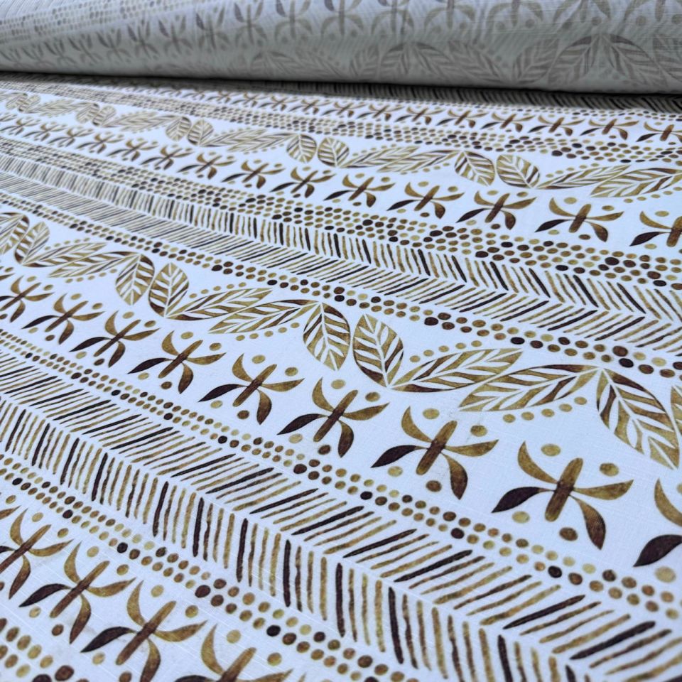 Flam Keten Kumaş %100 Pamuk Çift En Gold Renk Etnik Desenli