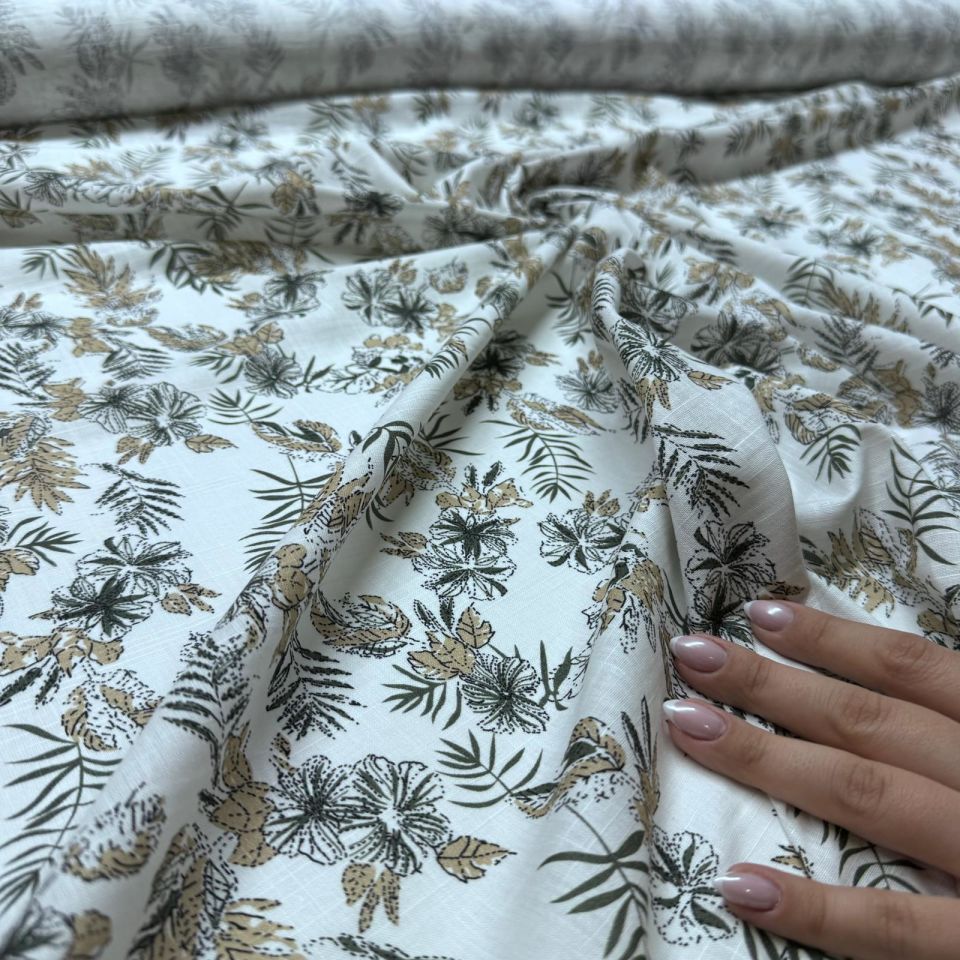 Flam Keten Kumaş %100 Pamuk Çift En Kahverengi Çiçek Desenli