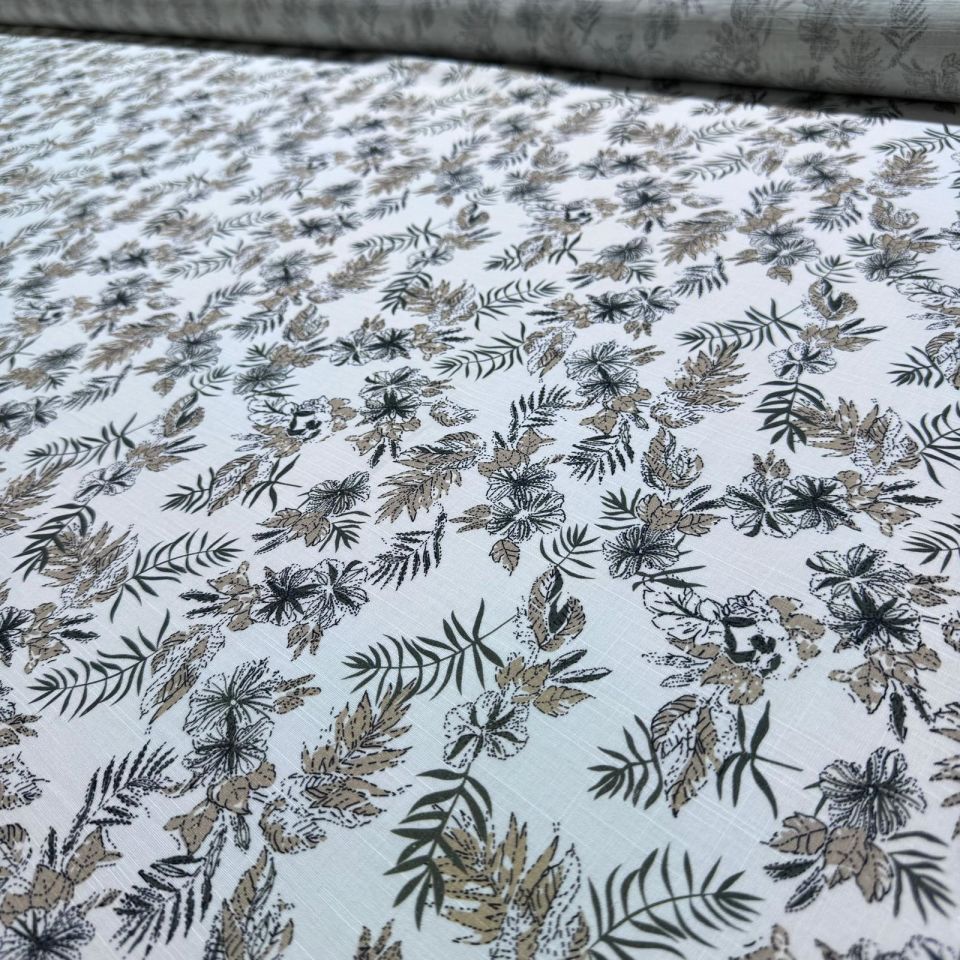 Flam Keten Kumaş %100 Pamuk Çift En Kahverengi Çiçek Desenli