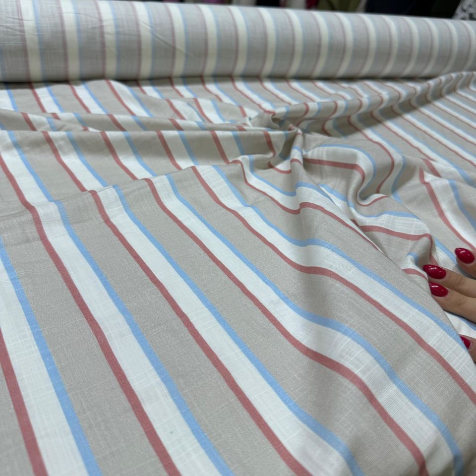 Flam Keten Kumaş %100 Pamuk Çift En Boyuna Çizgi Desenli