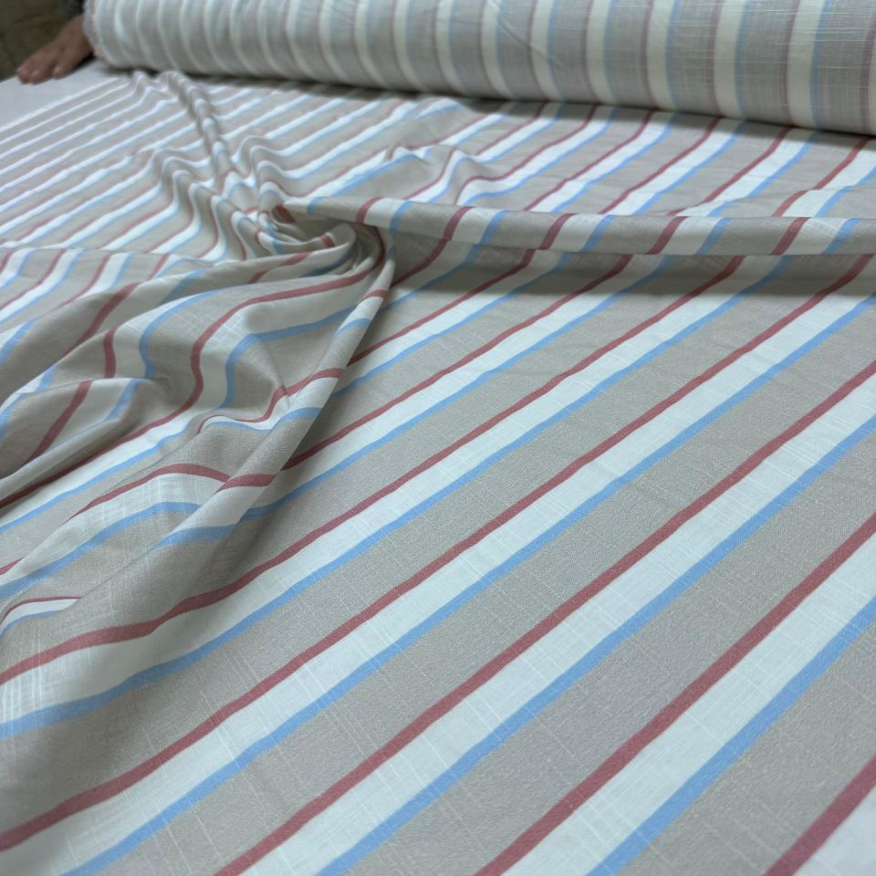 Flam Keten Kumaş %100 Pamuk Çift En Boyuna Çizgi Desenli