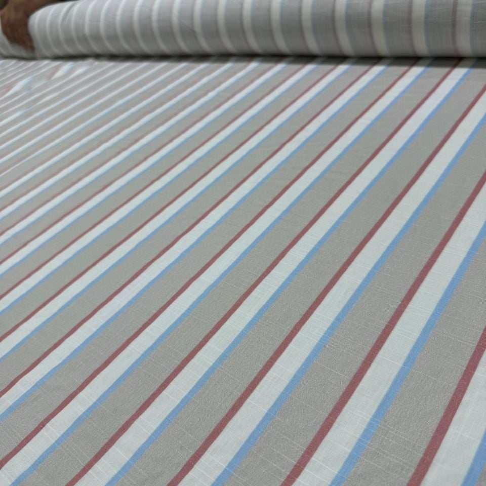 Flam Keten Kumaş %100 Pamuk Çift En Boyuna Çizgi Desenli