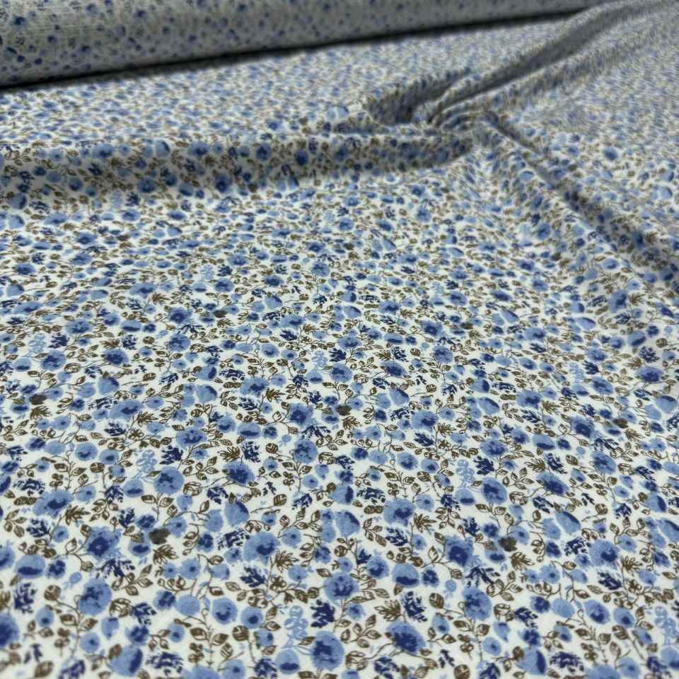 Flam Keten Kumaş %100 Pamuk Çift En Empirme Mavi Küçük Çiçekli