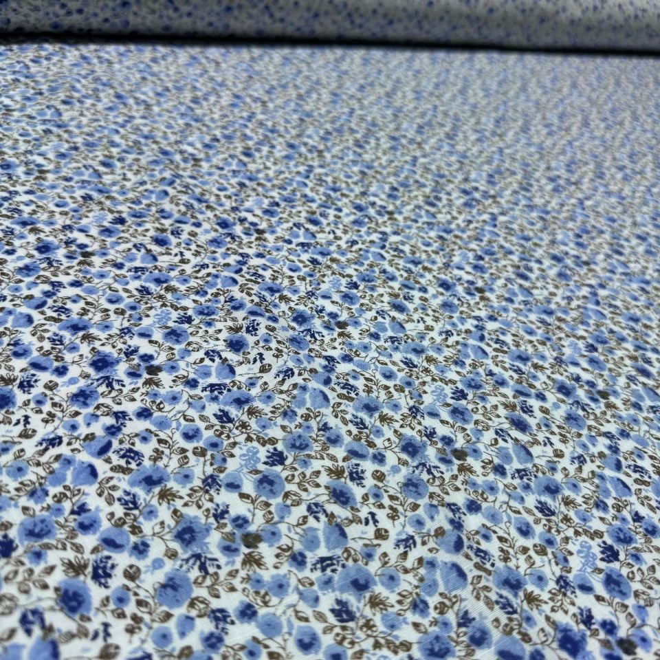 Flam Keten Kumaş %100 Pamuk Çift En Empirme Mavi Küçük Çiçekli