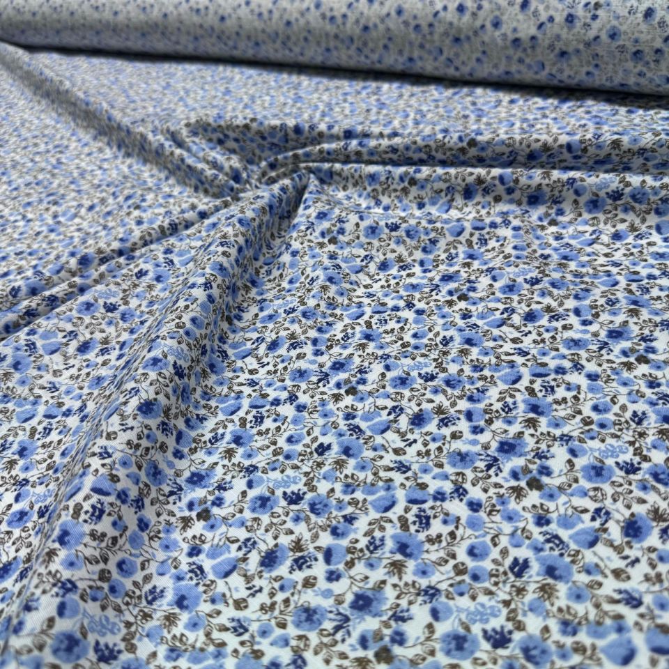 Flam Keten Kumaş %100 Pamuk Çift En Empirme Mavi Küçük Çiçekli