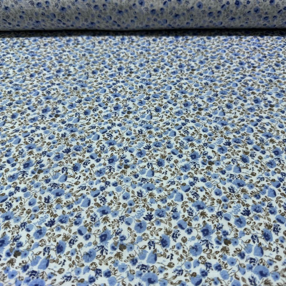 Flam Keten Kumaş %100 Pamuk Çift En Empirme Mavi Küçük Çiçekli