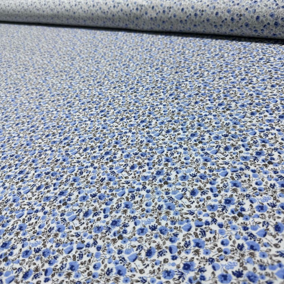 Flam Keten Kumaş %100 Pamuk Çift En Empirme Mavi Küçük Çiçekli