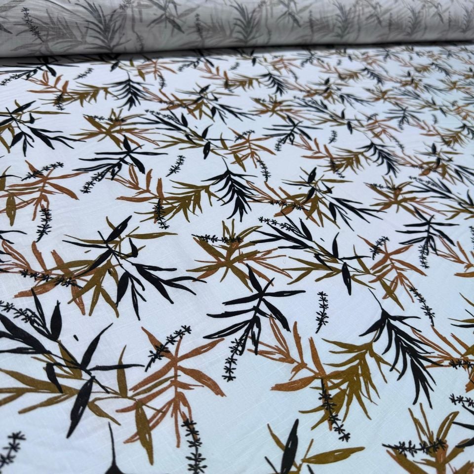 Flam Keten Kumaş %100 Pamuk Çift En Yaprak Desenli Hardal Renk