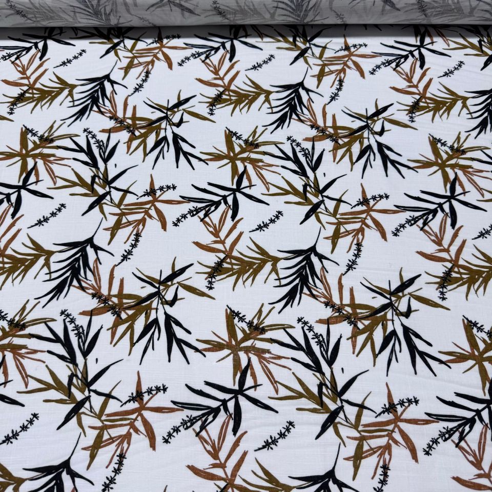 Flam Keten Kumaş %100 Pamuk Çift En Yaprak Desenli Hardal Renk