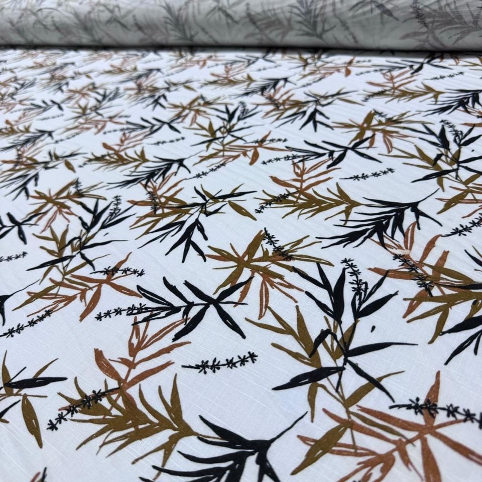 Flam Keten Kumaş %100 Pamuk Çift En Yaprak Desenli Hardal Renk