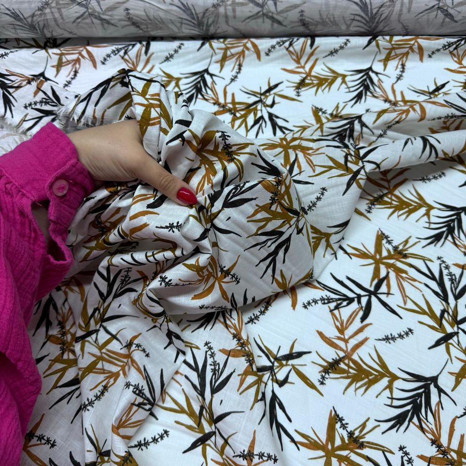 Flam Keten Kumaş %100 Pamuk Çift En Yaprak Desenli Hardal Renk