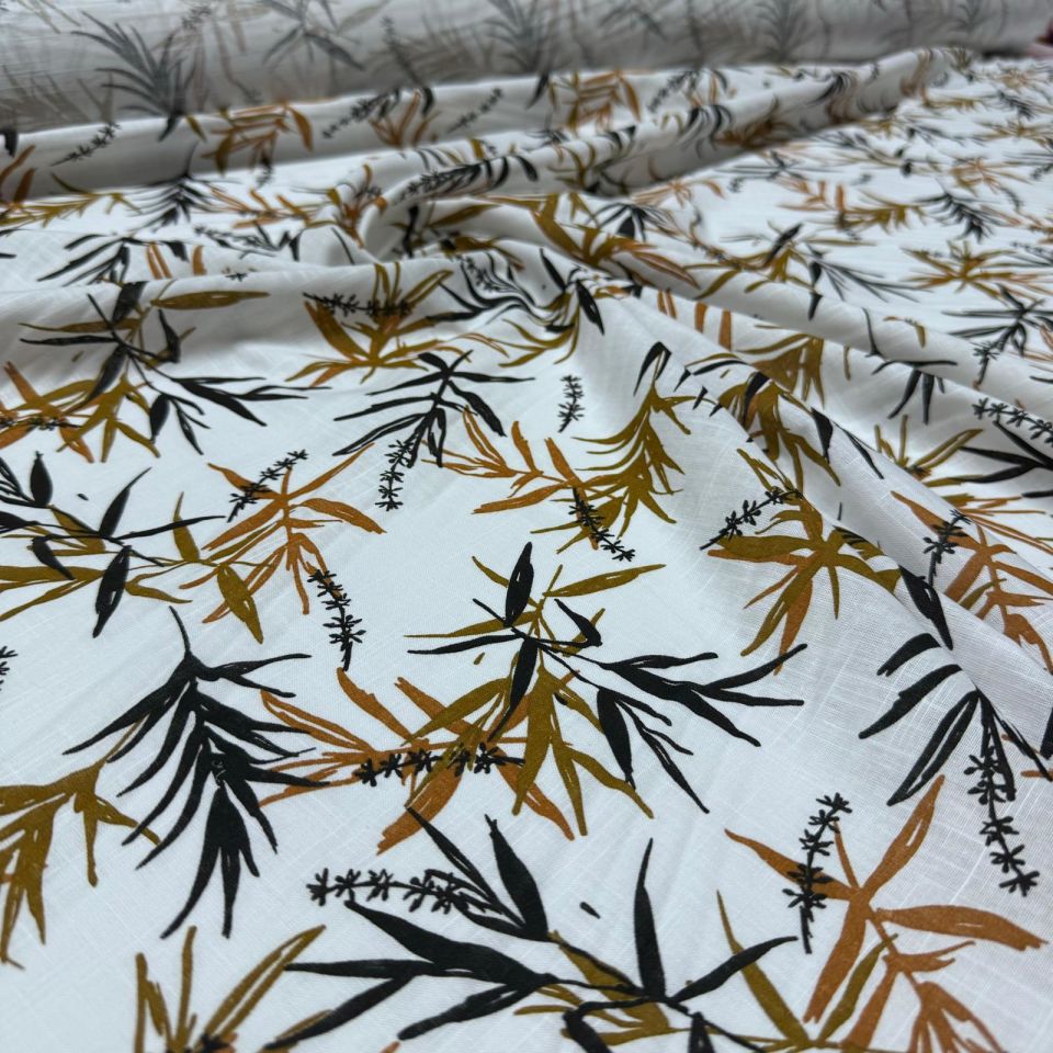 Flam Keten Kumaş %100 Pamuk Çift En Yaprak Desenli Hardal Renk