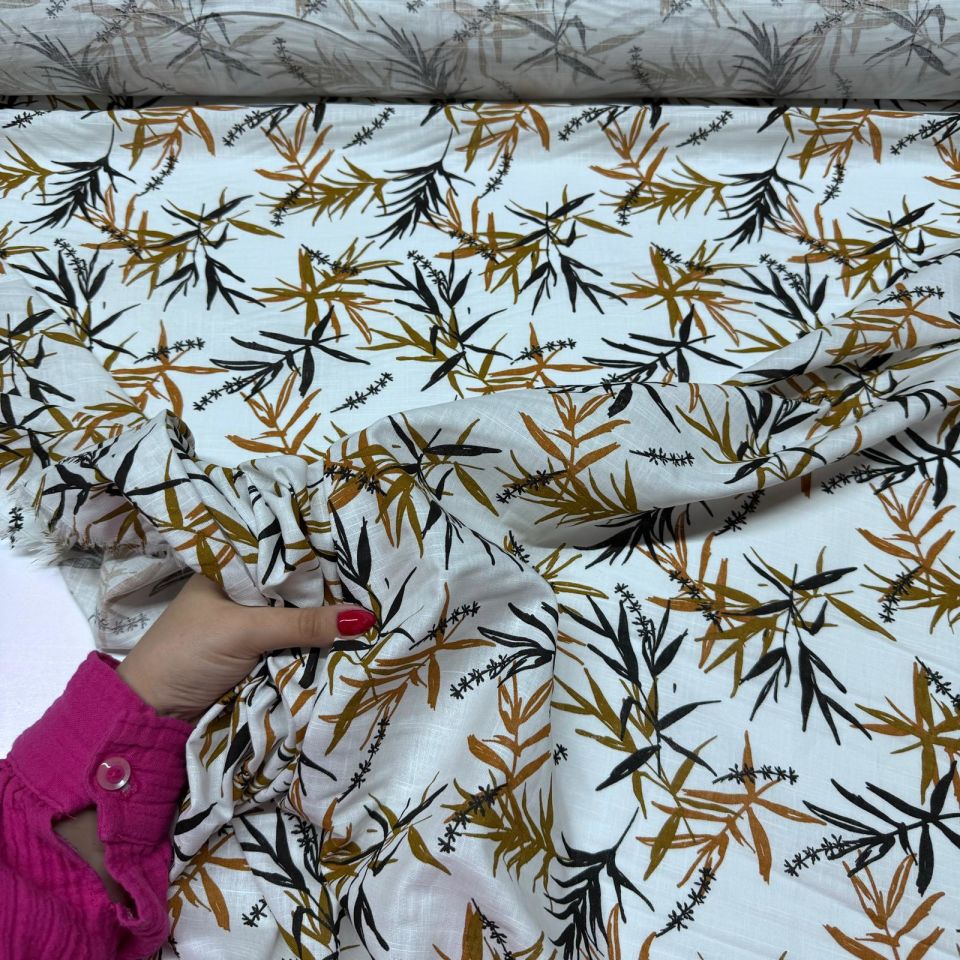 Flam Keten Kumaş %100 Pamuk Çift En Yaprak Desenli Hardal Renk