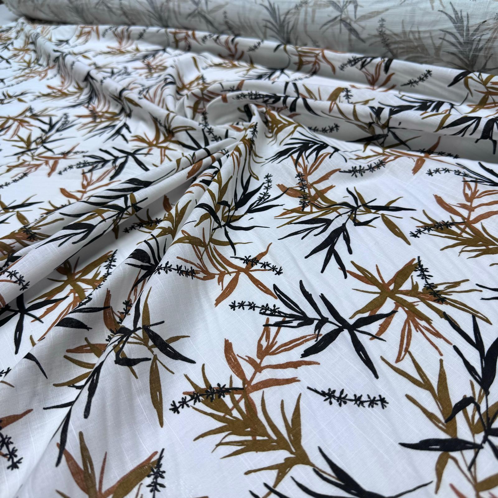 Flam Keten Kumaş %100 Pamuk Çift En Yaprak Desenli Hardal Renk