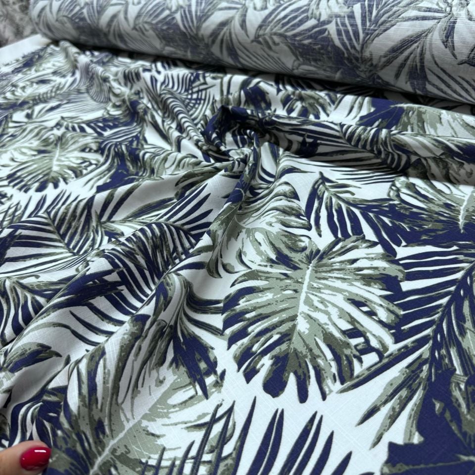 Flam Keten Kumaş %100 Pamuk Çift En Lacivert Haki Renk Yaprak Desenli