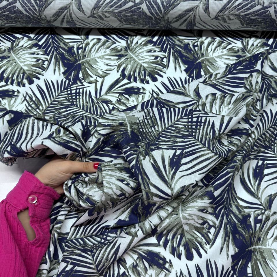 Flam Keten Kumaş %100 Pamuk Çift En Lacivert Haki Renk Yaprak Desenli