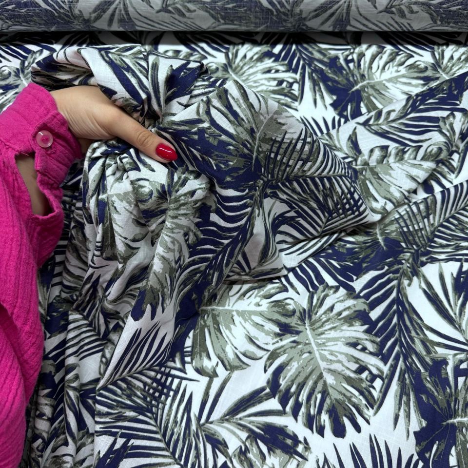 Flam Keten Kumaş %100 Pamuk Çift En Lacivert Haki Renk Yaprak Desenli