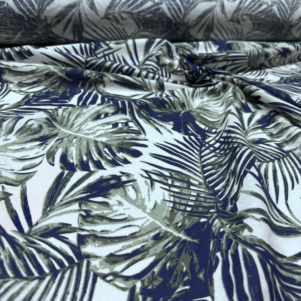 Flam Keten Kumaş %100 Pamuk Çift En Lacivert Haki Renk Yaprak Desenli