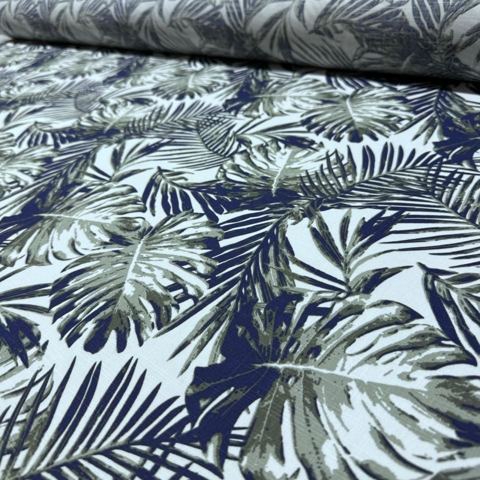 Flam Keten Kumaş %100 Pamuk Çift En Lacivert Haki Renk Yaprak Desenli