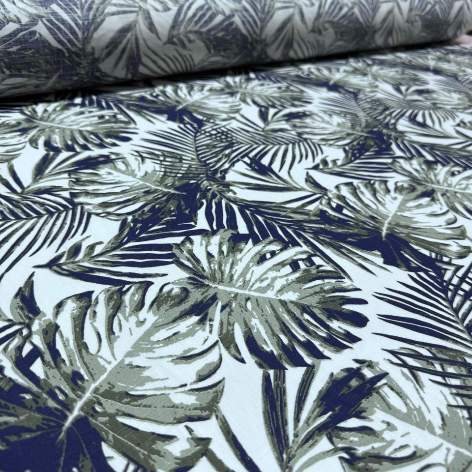 Flam Keten Kumaş %100 Pamuk Çift En Lacivert Haki Renk Yaprak Desenli