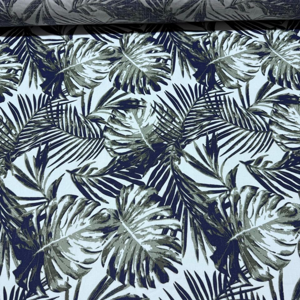 Flam Keten Kumaş %100 Pamuk Çift En Lacivert Haki Renk Yaprak Desenli