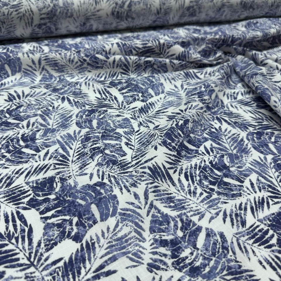Flam Keten Kumaş %100 Pamuk Çift En Lacivert Yaprak Desen