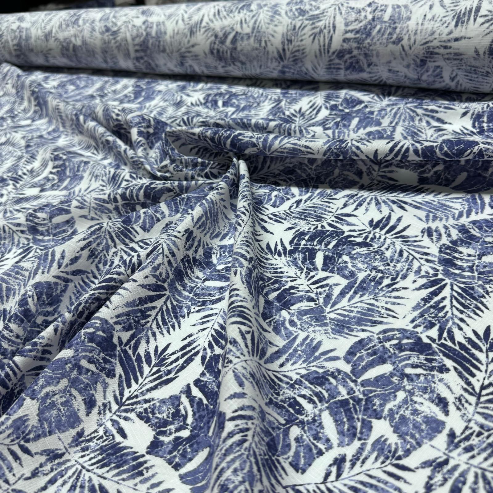 Flam Keten Kumaş %100 Pamuk Çift En Lacivert Yaprak Desen