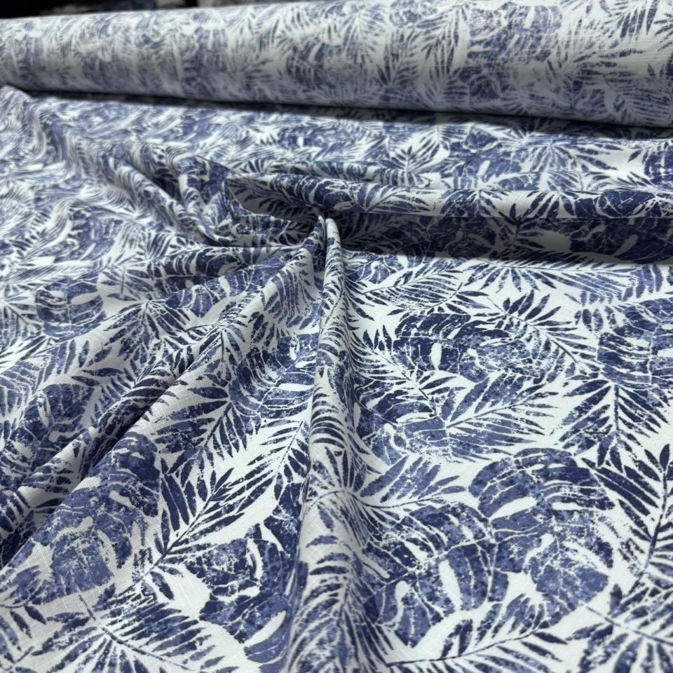 Flam Keten Kumaş %100 Pamuk Çift En Lacivert Yaprak Desen