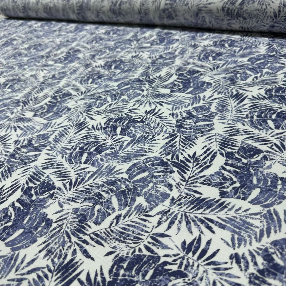 Flam Keten Kumaş %100 Pamuk Çift En Lacivert Yaprak Desen