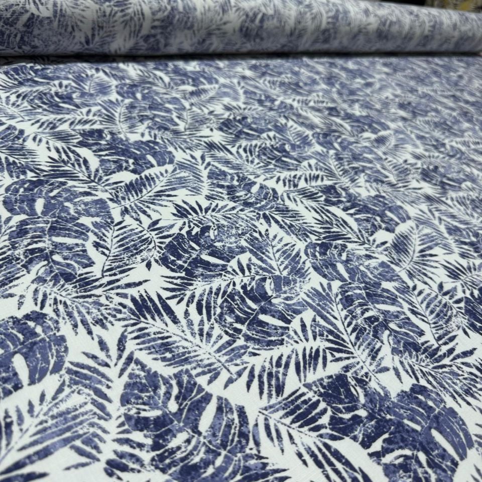 Flam Keten Kumaş %100 Pamuk Çift En Lacivert Yaprak Desen