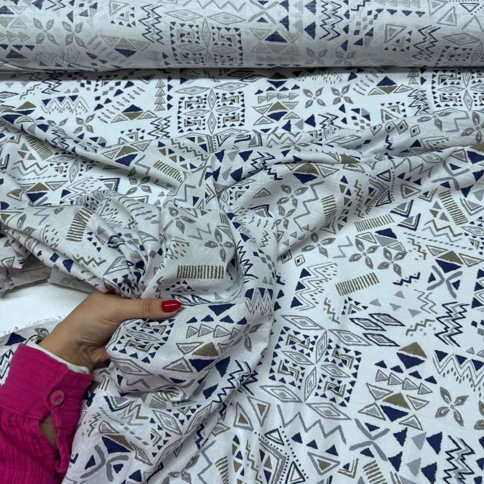 Flam Keten Kumaş %100 Pamuk Çift En Lacivert Sütlü Kahve Geometrik Desen