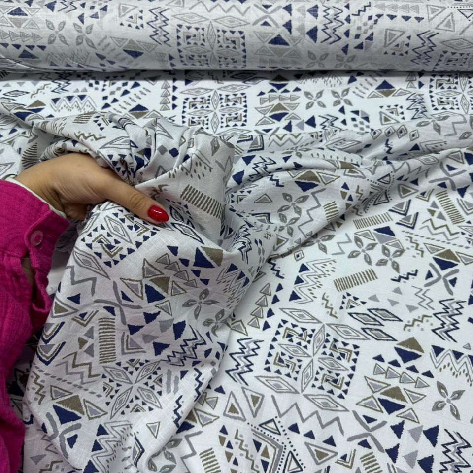 Flam Keten Kumaş %100 Pamuk Çift En Lacivert Sütlü Kahve Geometrik Desen