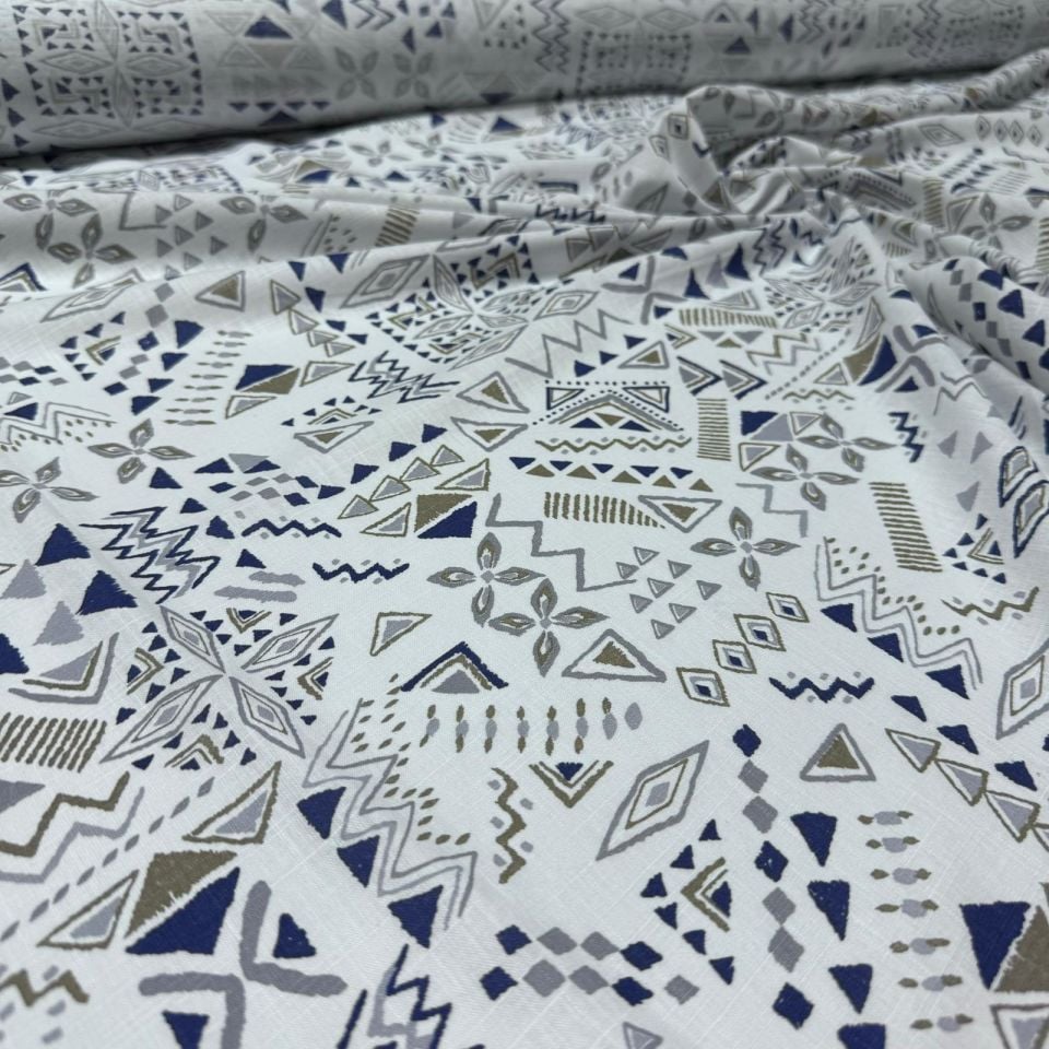 Flam Keten Kumaş %100 Pamuk Çift En Lacivert Sütlü Kahve Geometrik Desen