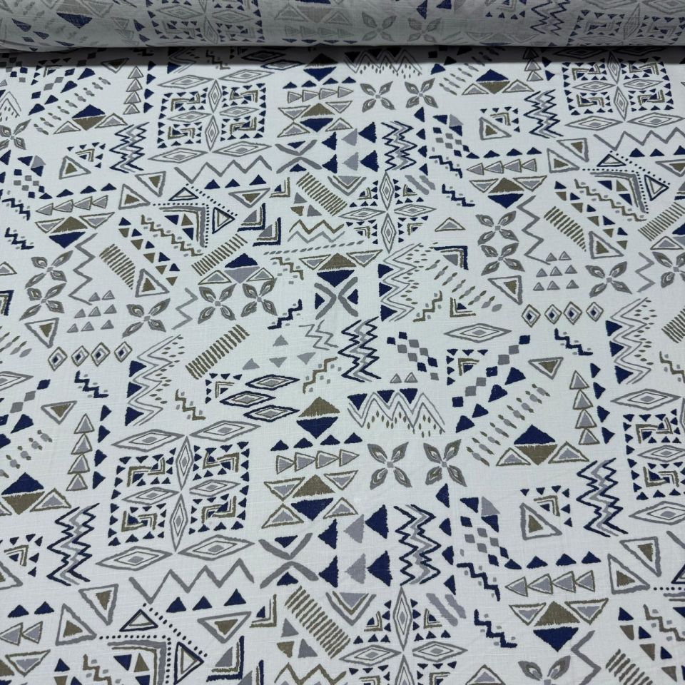 Flam Keten Kumaş %100 Pamuk Çift En Lacivert Sütlü Kahve Geometrik Desen