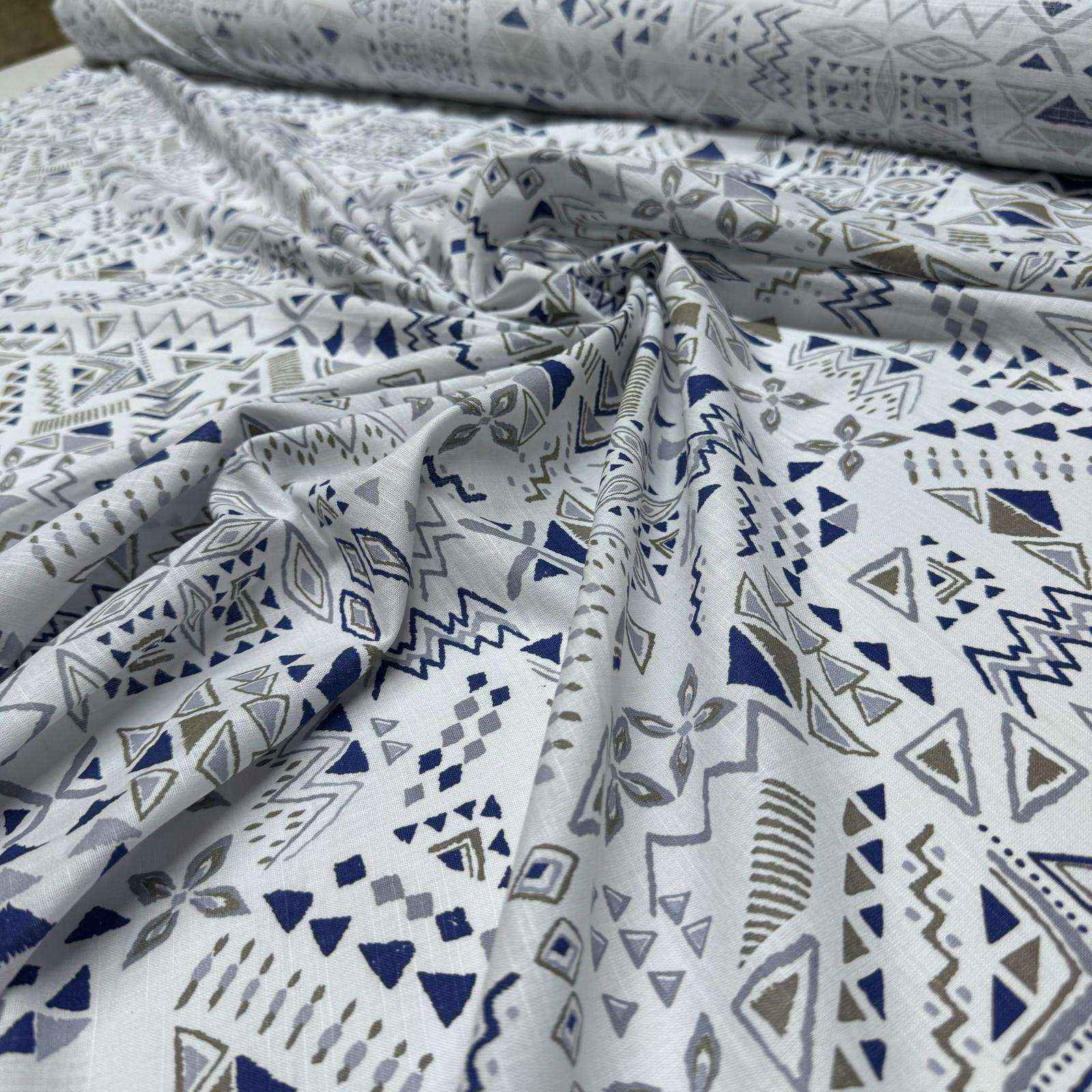 Flam Keten Kumaş %100 Pamuk Çift En Lacivert Sütlü Kahve Geometrik Desen