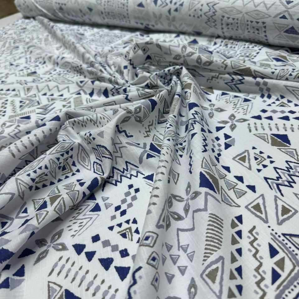 Flam Keten Kumaş %100 Pamuk Çift En Lacivert Sütlü Kahve Geometrik Desen