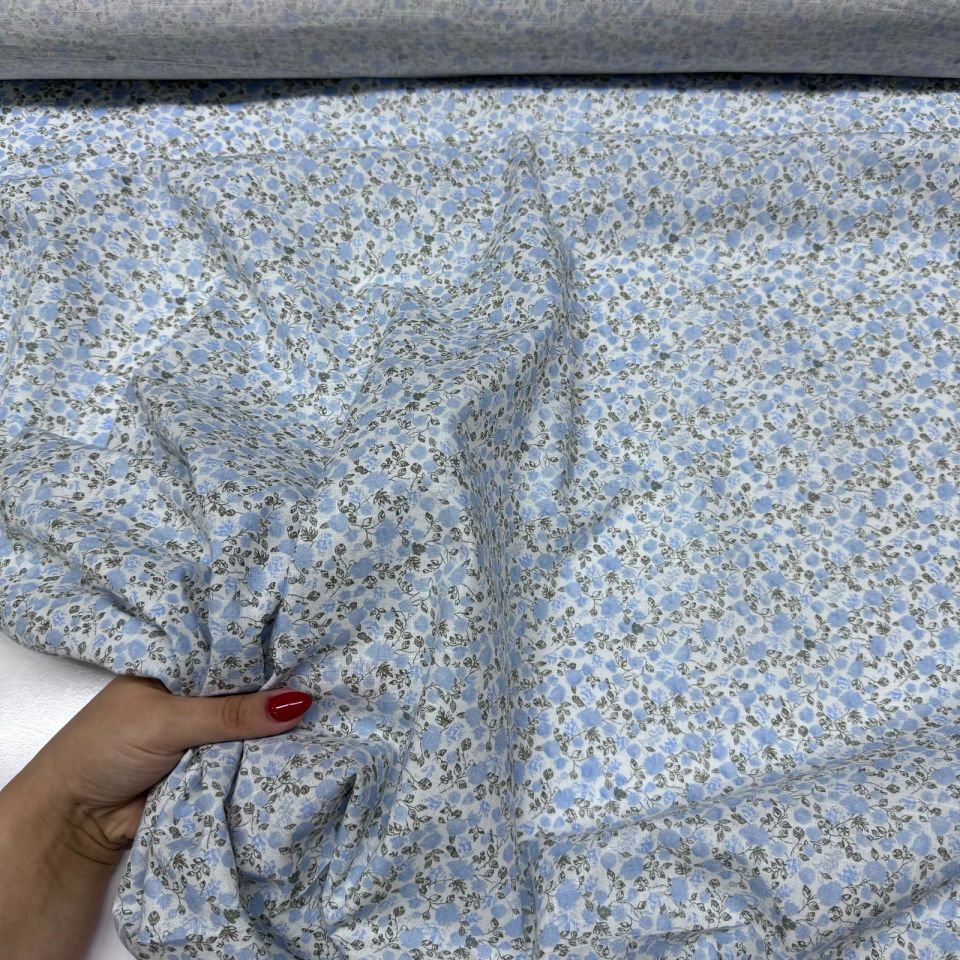 Flam Keten Kumaş %100 Pamuk Çift En Bebe Mavi Çiçek Desenli Empirme