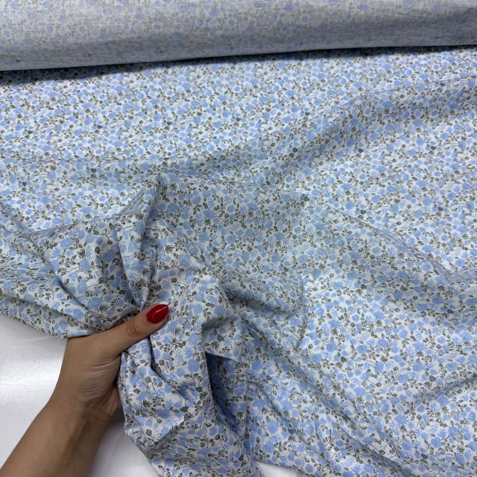 Flam Keten Kumaş %100 Pamuk Çift En Bebe Mavi Çiçek Desenli Empirme