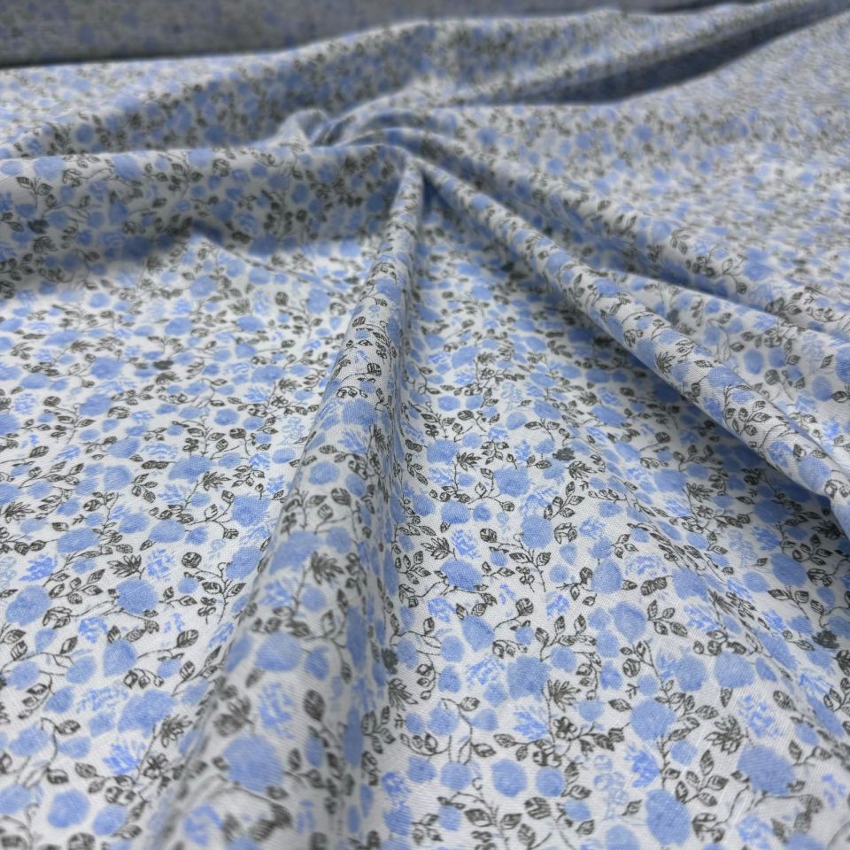 Flam Keten Kumaş %100 Pamuk Çift En Bebe Mavi Çiçek Desenli Empirme