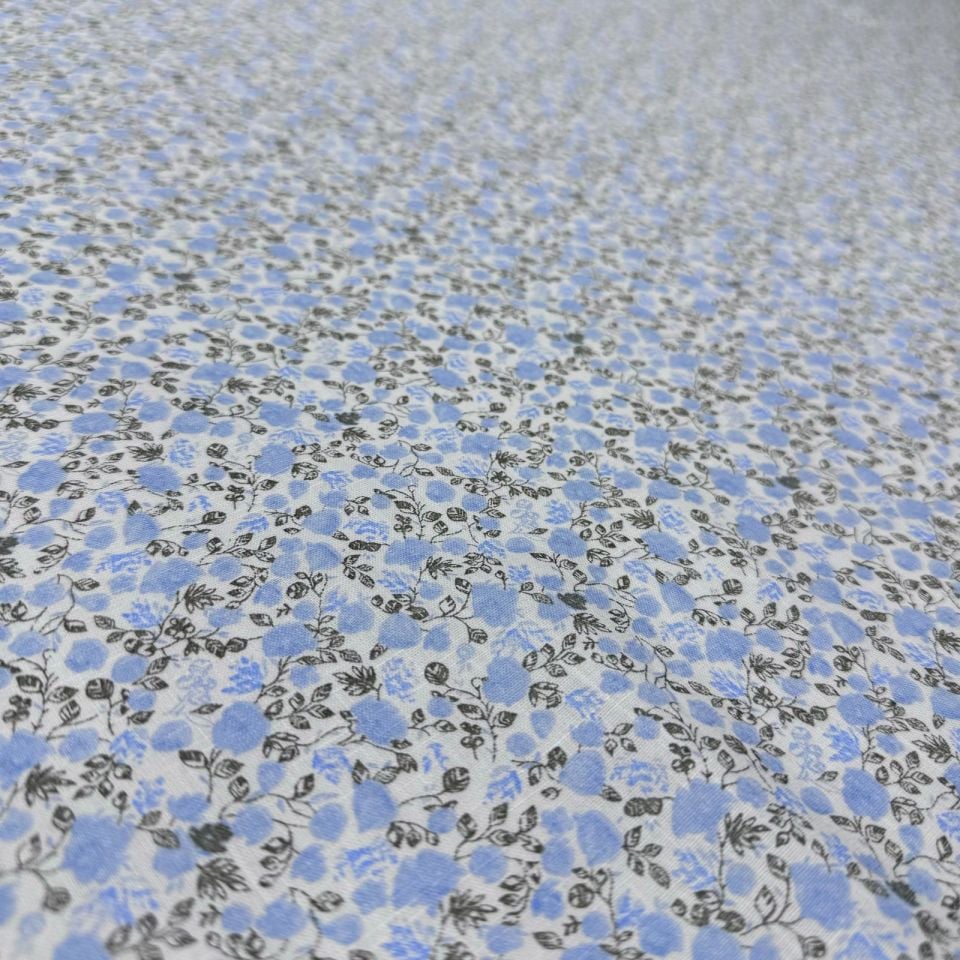 Flam Keten Kumaş %100 Pamuk Çift En Bebe Mavi Çiçek Desenli Empirme