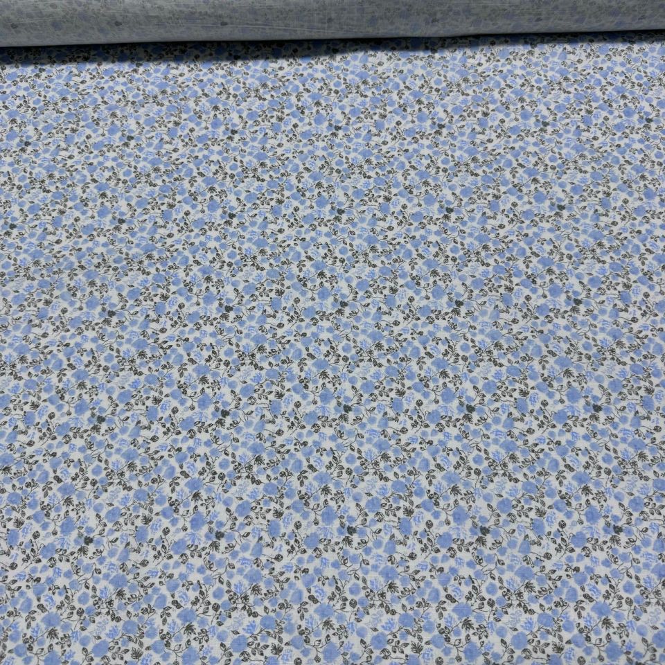 Flam Keten Kumaş %100 Pamuk Çift En Bebe Mavi Çiçek Desenli Empirme