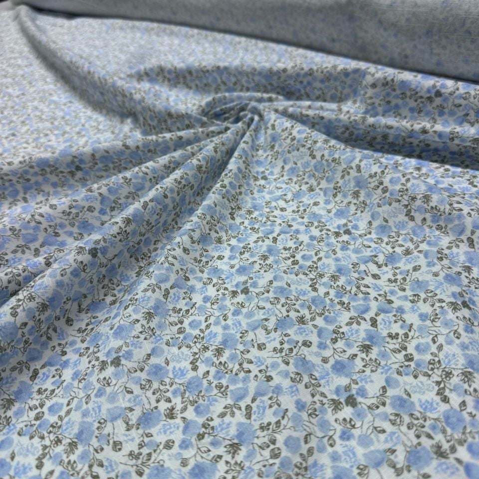 Flam Keten Kumaş %100 Pamuk Çift En Bebe Mavi Çiçek Desenli Empirme