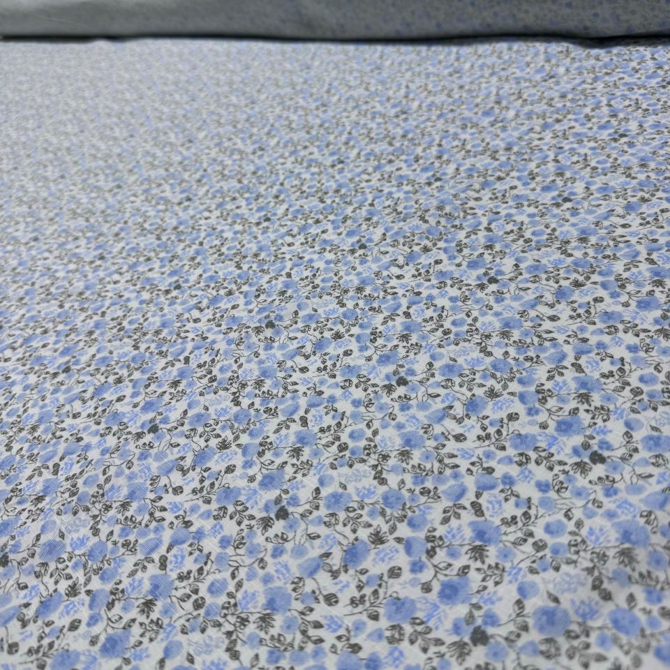 Flam Keten Kumaş %100 Pamuk Çift En Bebe Mavi Çiçek Desenli Empirme