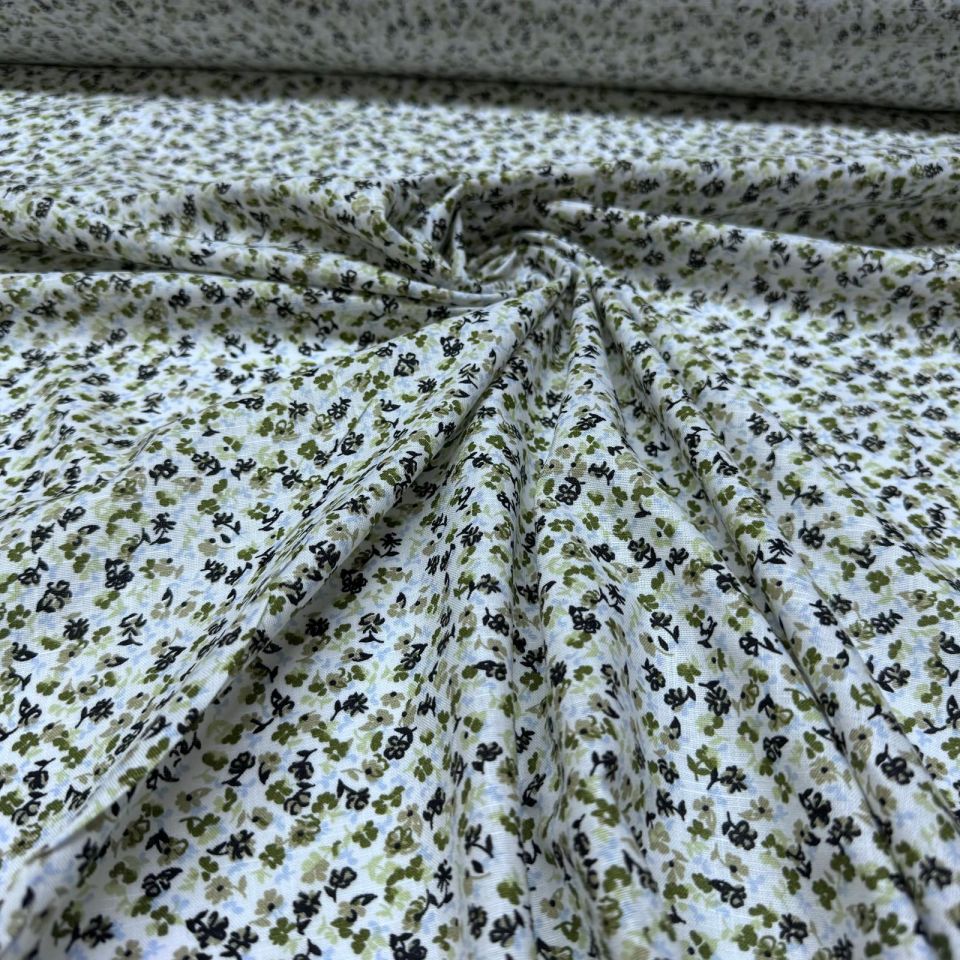 Flam Keten Kumaş %100 Pamuk Çift En Küçük Yeşil Çiçekli Empirme Desen