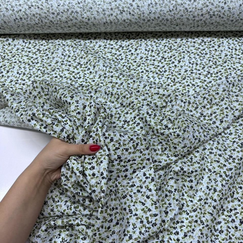 Flam Keten Kumaş %100 Pamuk Çift En Küçük Yeşil Çiçekli Empirme Desen