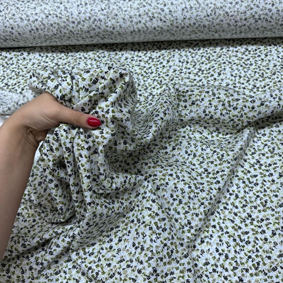 Flam Keten Kumaş %100 Pamuk Çift En Küçük Yeşil Çiçekli Empirme Desen