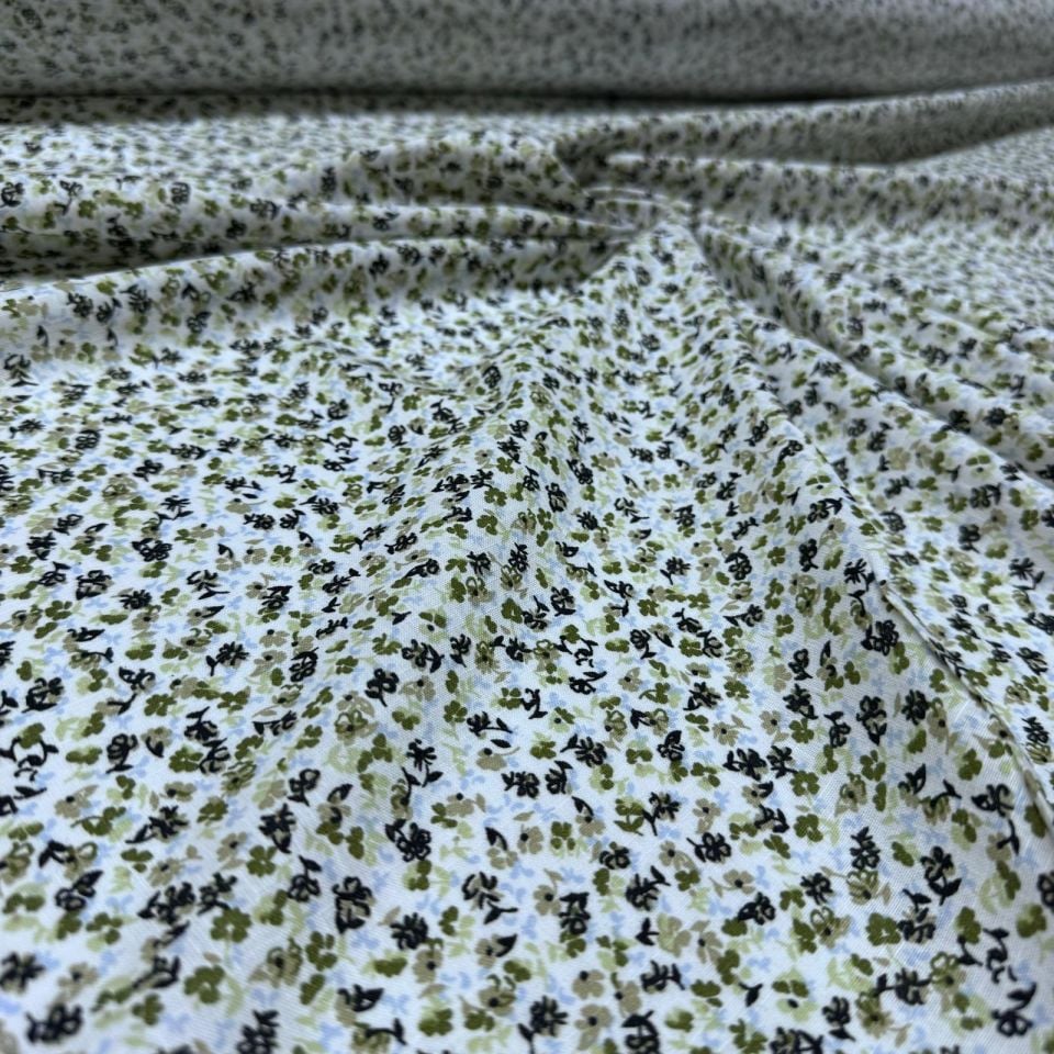 Flam Keten Kumaş %100 Pamuk Çift En Küçük Yeşil Çiçekli Empirme Desen