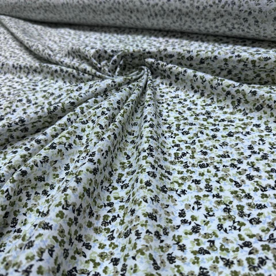 Flam Keten Kumaş %100 Pamuk Çift En Küçük Yeşil Çiçekli Empirme Desen