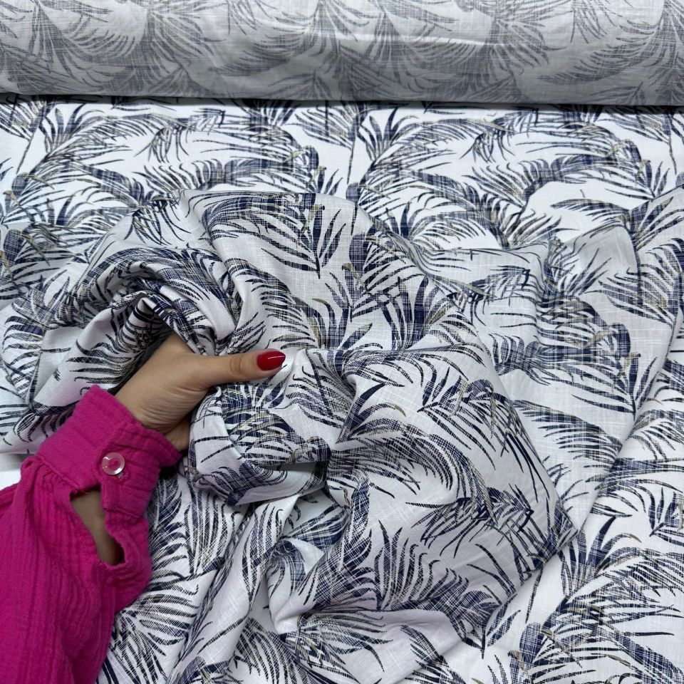 Flam Keten Kumaş %100 Pamuk Çift En Lacivert Yaprak Desen