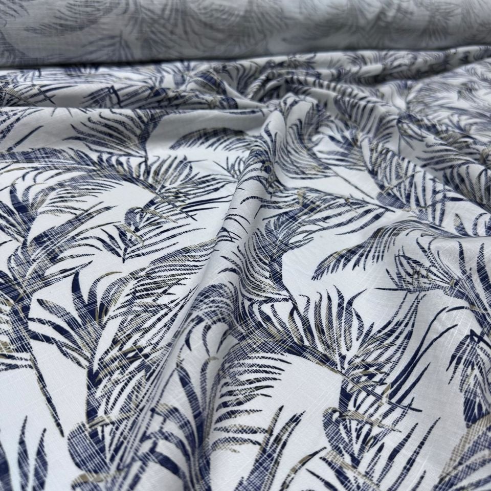 Flam Keten Kumaş %100 Pamuk Çift En Lacivert Yaprak Desen